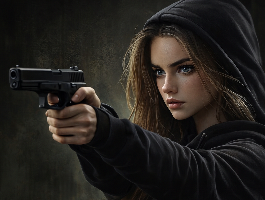 Fiktivní postava Aurelie Cepudeen z knihy Tajemství krve se zbraní v ruce.